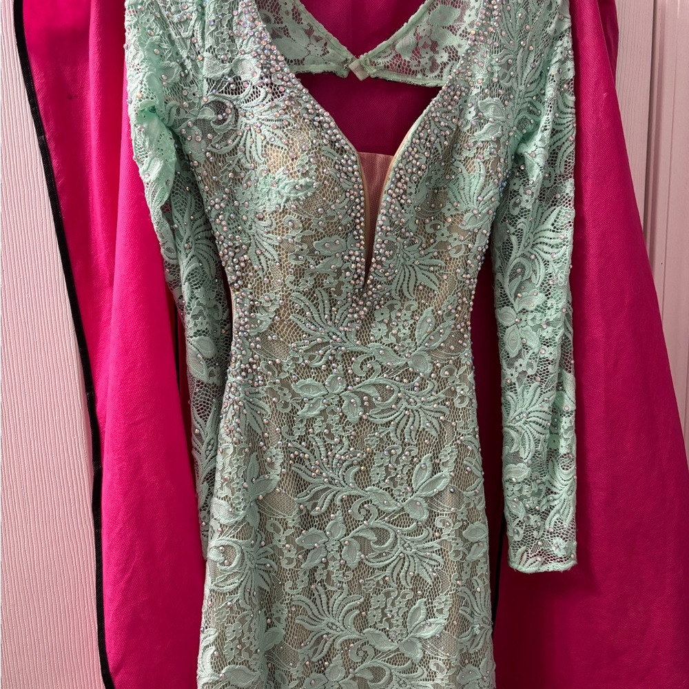 La Femme Mint Green Long Sleeve Lace Formal Gown
